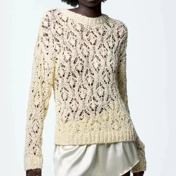 Zara Cotton  Pointelle Open Knit Sweater Ecru White NWT Size Small - Picture 1 of 9